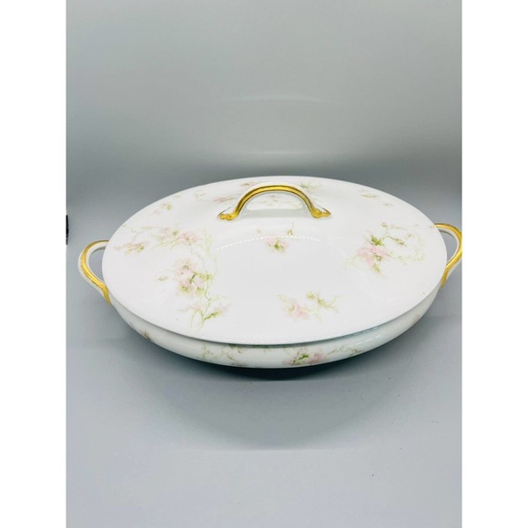 CH Field Haviland GDA Limoges, Oval Serving Bowl w/lid Pink Roses Gold Trim - Picture 1 of 11